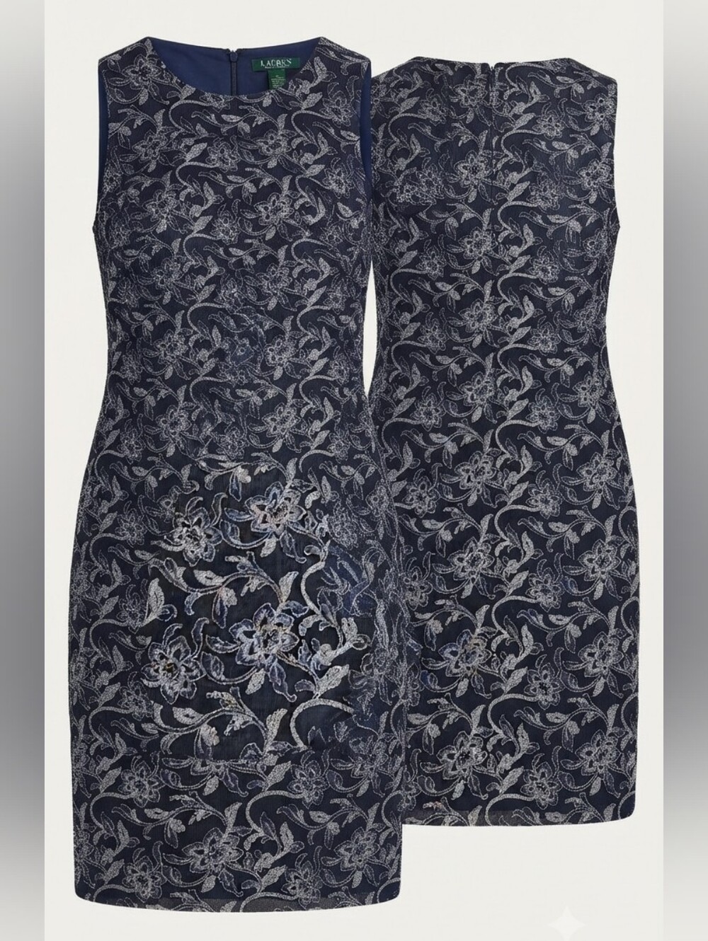 Lauren Ralph Lauren Navy Blue & Silver Metallic Floral Sheath Dress Sz 6